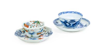 A Chinese Porcelain Dutch Decorated Teabowl and Saucer, 18th century, octagonal in form, painted