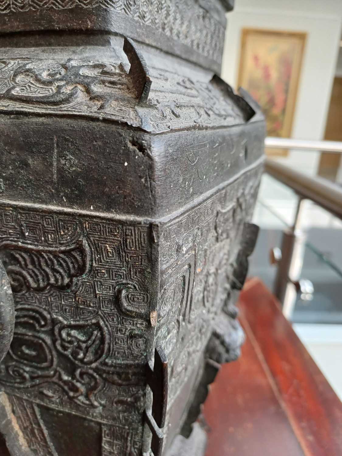 A Chinese Bronze Vase and Cover, in Archaic style, of square section baluster form with twin ring - Image 6 of 22