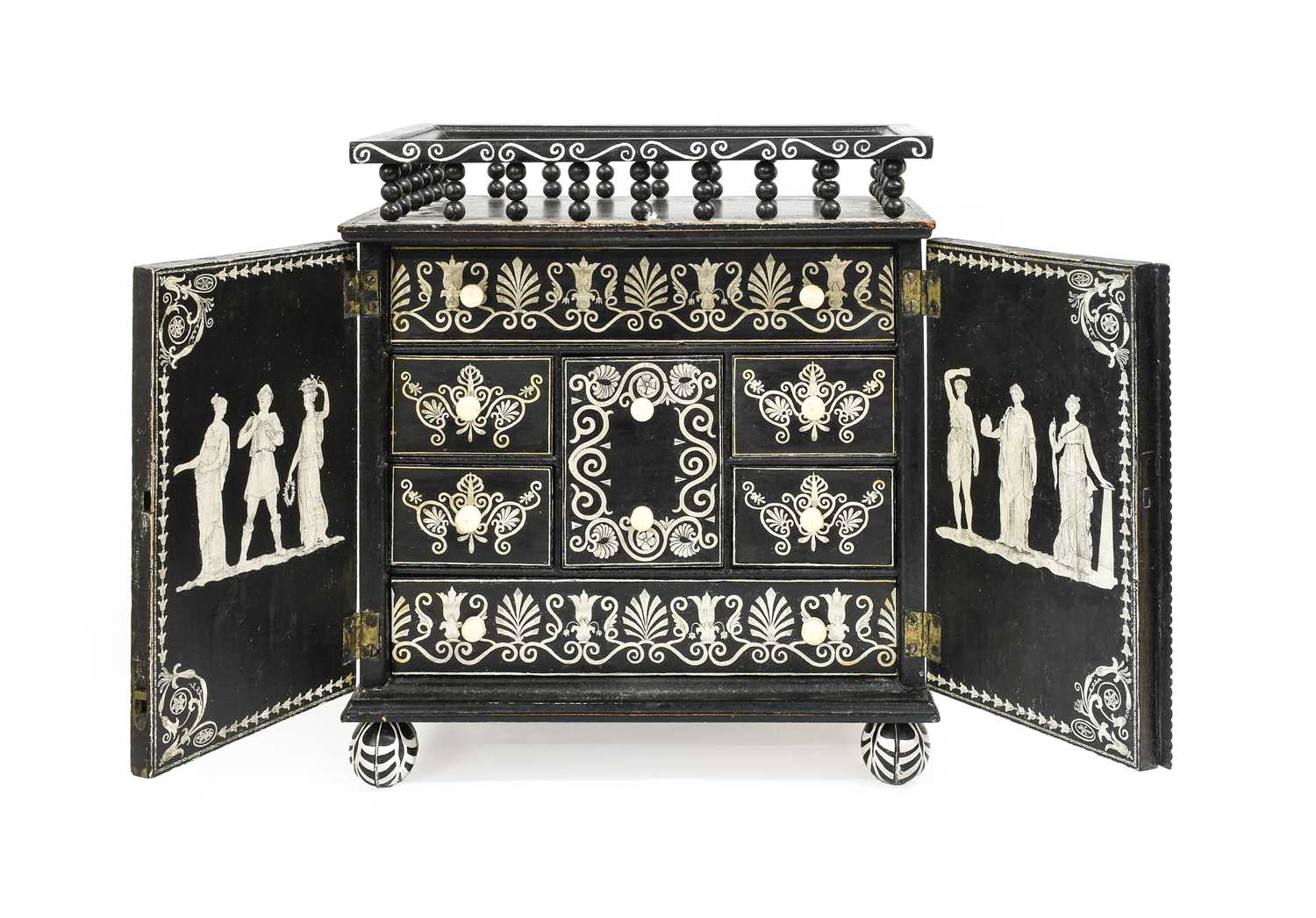 An Ebonised and Painted Table Cabinet, in 17th century North Italian style, the rectangular - Image 2 of 2