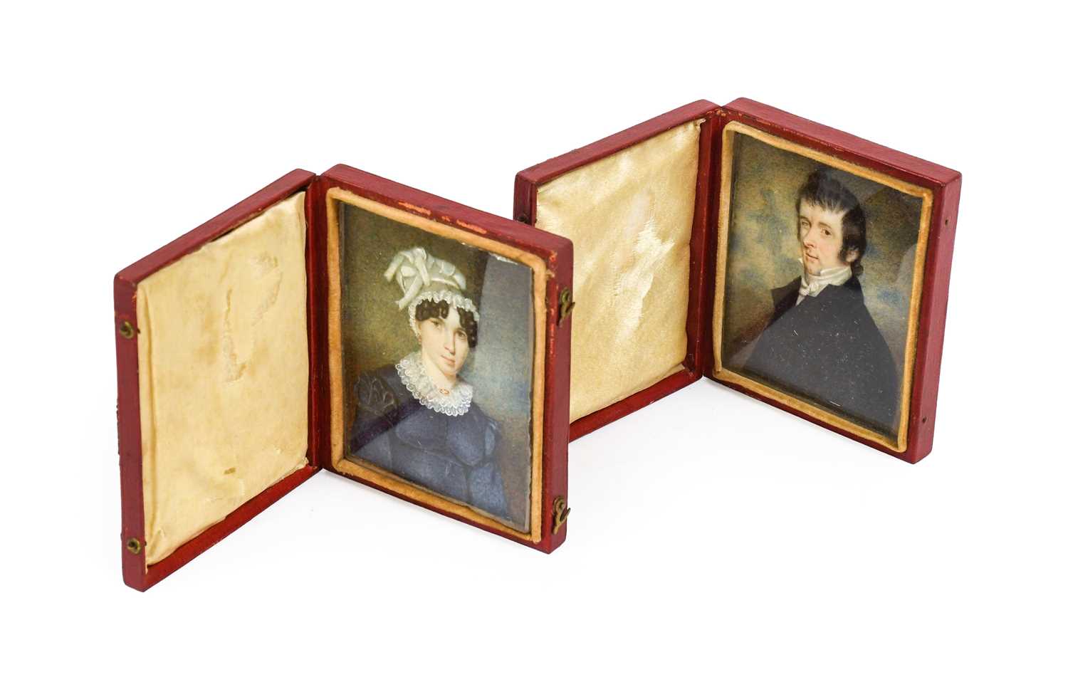 English School (19th century): Miniature Portraits of a Lady and Gentleman, bust length, she wearing