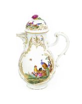A Meissen Hot Water Jug and Associated Cover, circa 1750, with moulded rococo scrolls edged in