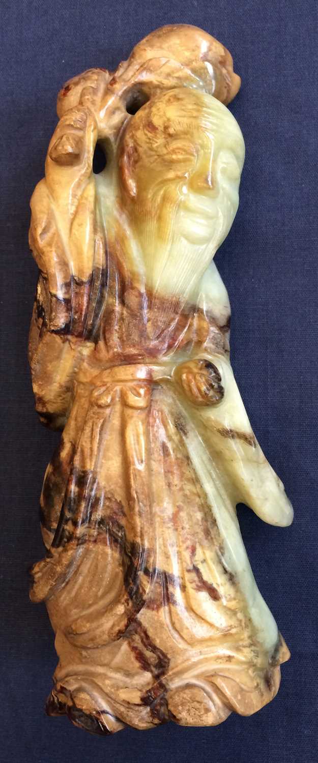A Chinese Pale Celadon and Mottled Brown Jade Figure of Shoulao, in Ming style, probably late 18th/ - Image 11 of 17