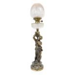 A Bronze Figural Oil Lamp. circa 1900, the cut glass reservoir supported by a maiden carrying a