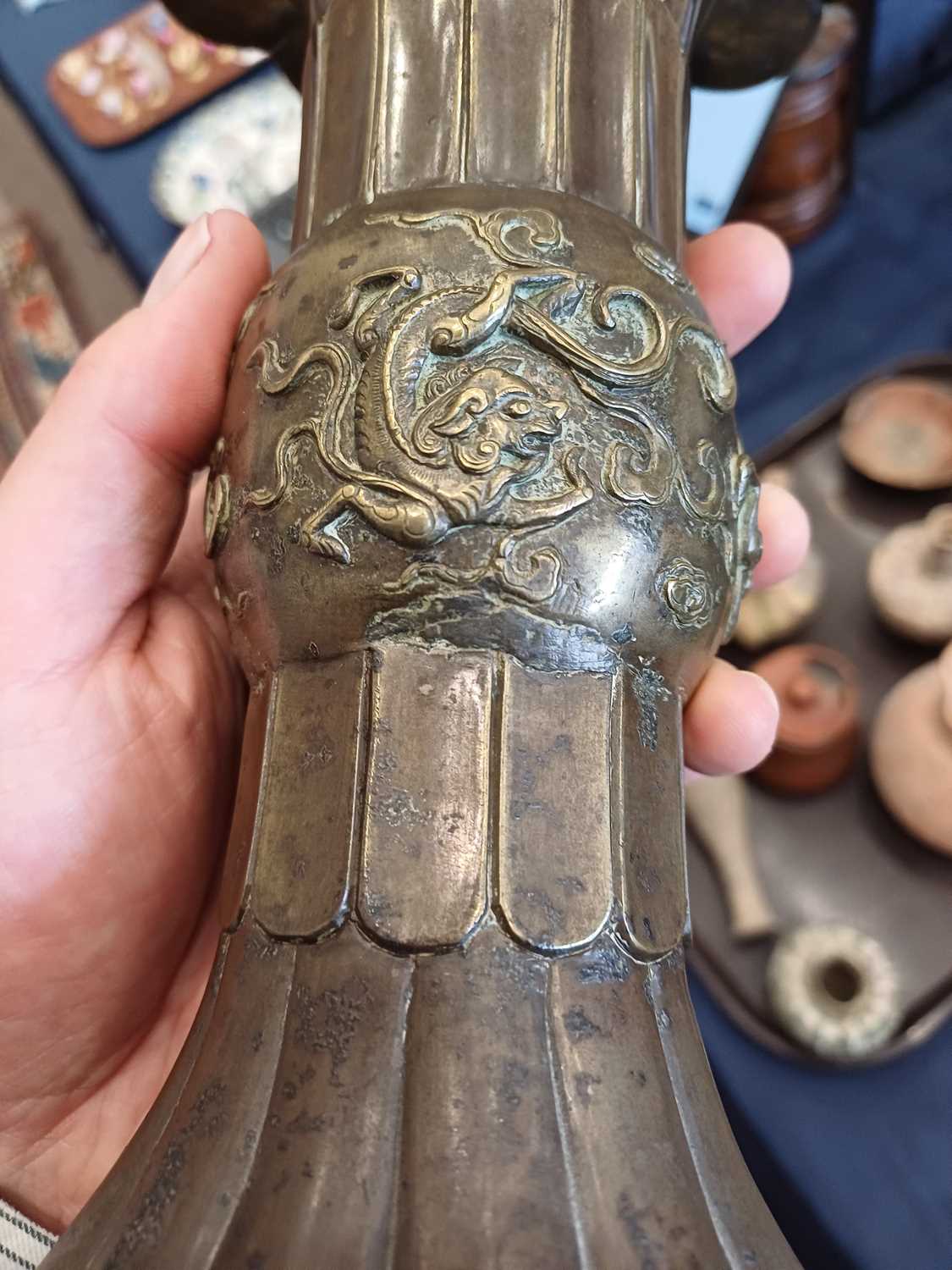 A Chinese Bronze Gu-Shape Vase, Xuande six-character reign mark but not of the period, of fluted - Image 10 of 28