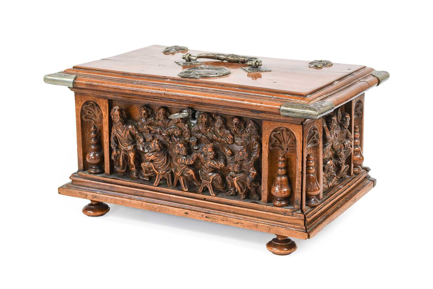 A White-Metal-Mounted Fruitwood Table Casket, in Renaissance style, the rectangular hinged top