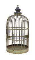 A Brass Birdcage, late 19th/20th century, of domed circular form with turned ebonised finial and two