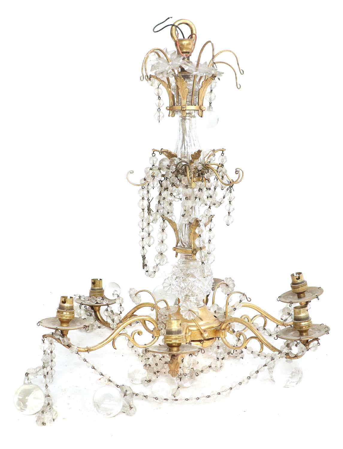 A Cut-Glass-Mounted Gilt-Metal Six-Light Electrolier, late 19th/20th century, with fluted baluster - Image 2 of 7