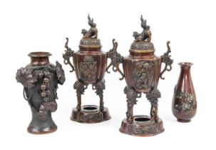 A Pair of Japanese Bronze Koros and Covers, Meiji period, with mythical beast finials and handles,