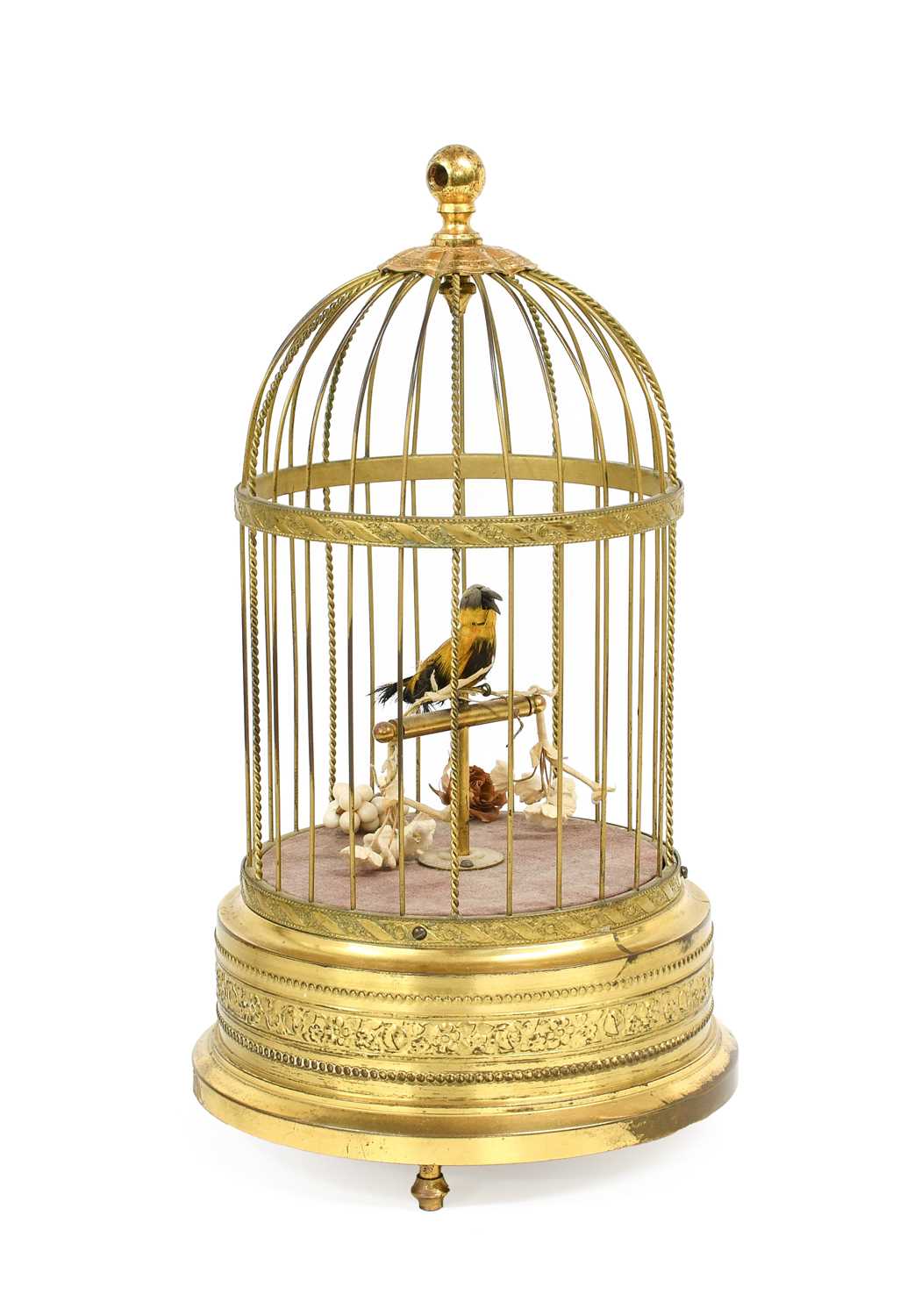 A Singing Bird Automaton, 20th century, the yellow-plumed bird perched within a domed wirework