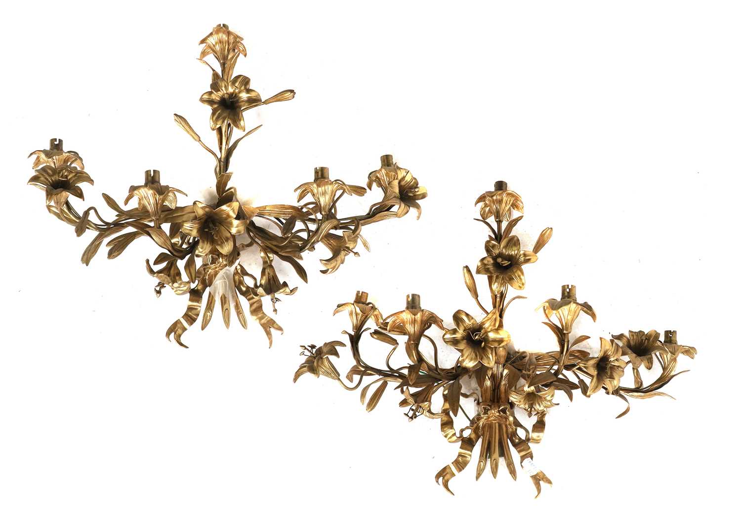 A Pair of Gilt-Metal Five-Light Wall Sconces, in Louis XVI style, as a ribbon-tied bunch of