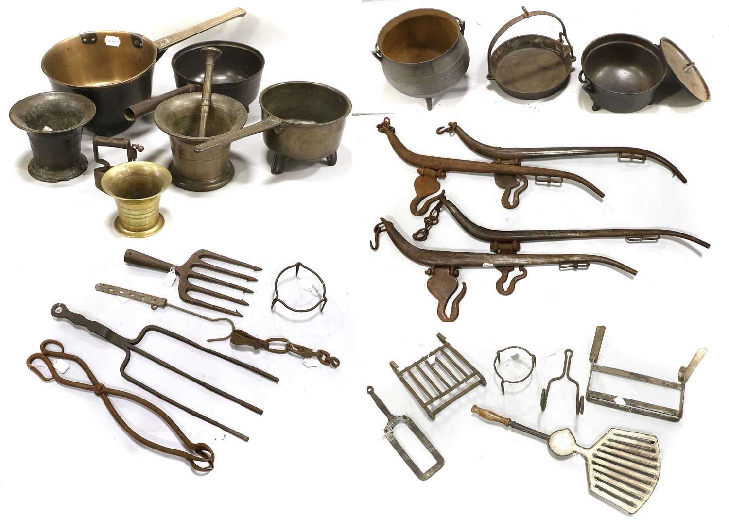 Three Mortars, including a 17th century example Two Bronze Skillets A Similar Iron Example A