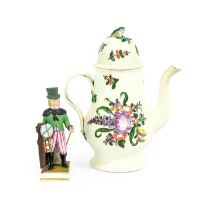 A Creamware Coffee Pot and Cover, circa 1780, with floral knop, entwined strap handle and painted in