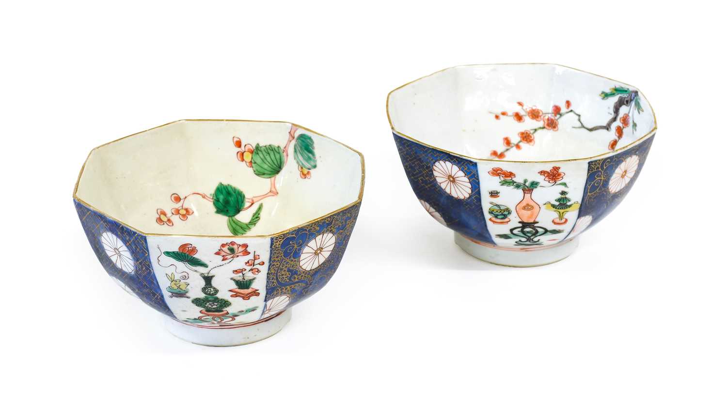 A Pair of Chinese Verte Imari Porcelain Octagonal Bowl, Kangxi, painted with alternating panels of