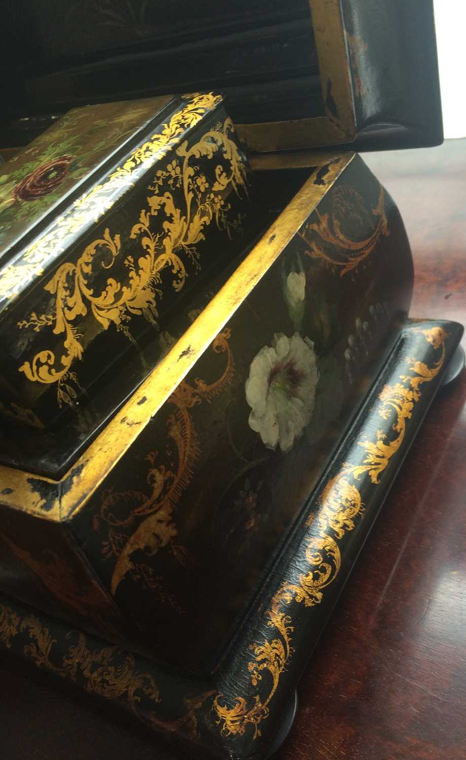 An Early Victorian Papier Mache Tea Caddy, of cushioned rectangular form, painted with exotic - Image 7 of 10