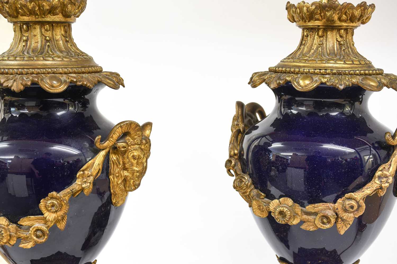 A Pair of Gilt-Metal-Mounted Blue-Glazed Lamp Bases, in Louis XV style, of ovoid form with ram's - Image 2 of 2