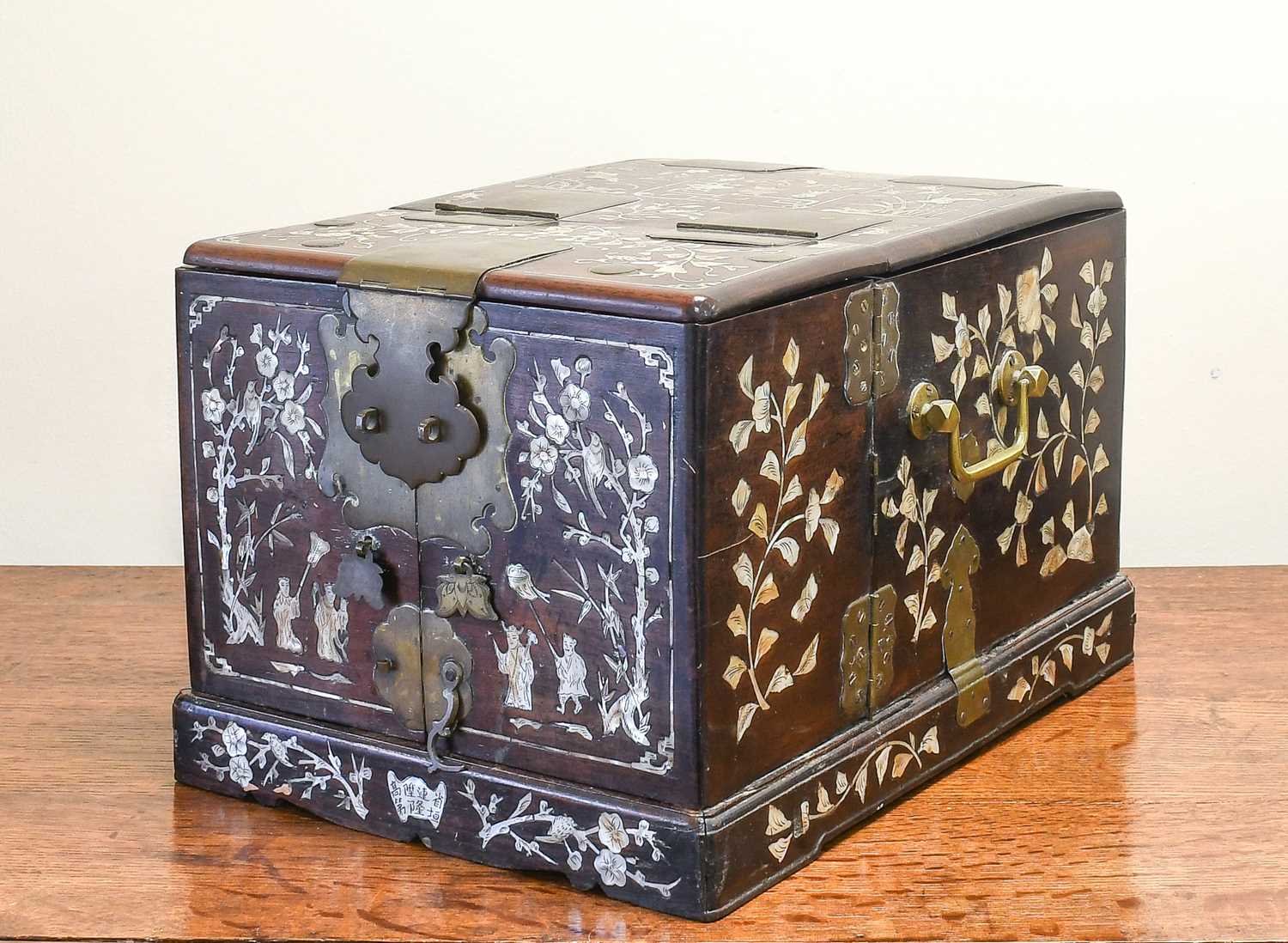 A Chinese Mother-of-Pearl-Inlaid Hardwood Travelling Dressing Table Cabinet, 19th century, of - Image 2 of 4