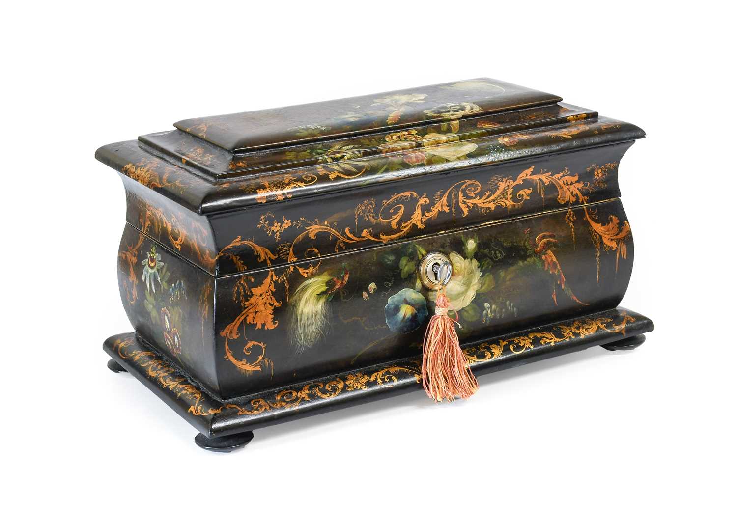 An Early Victorian Papier Mache Tea Caddy, of cushioned rectangular form, painted with exotic