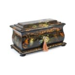 An Early Victorian Papier Mache Tea Caddy, of cushioned rectangular form, painted with exotic