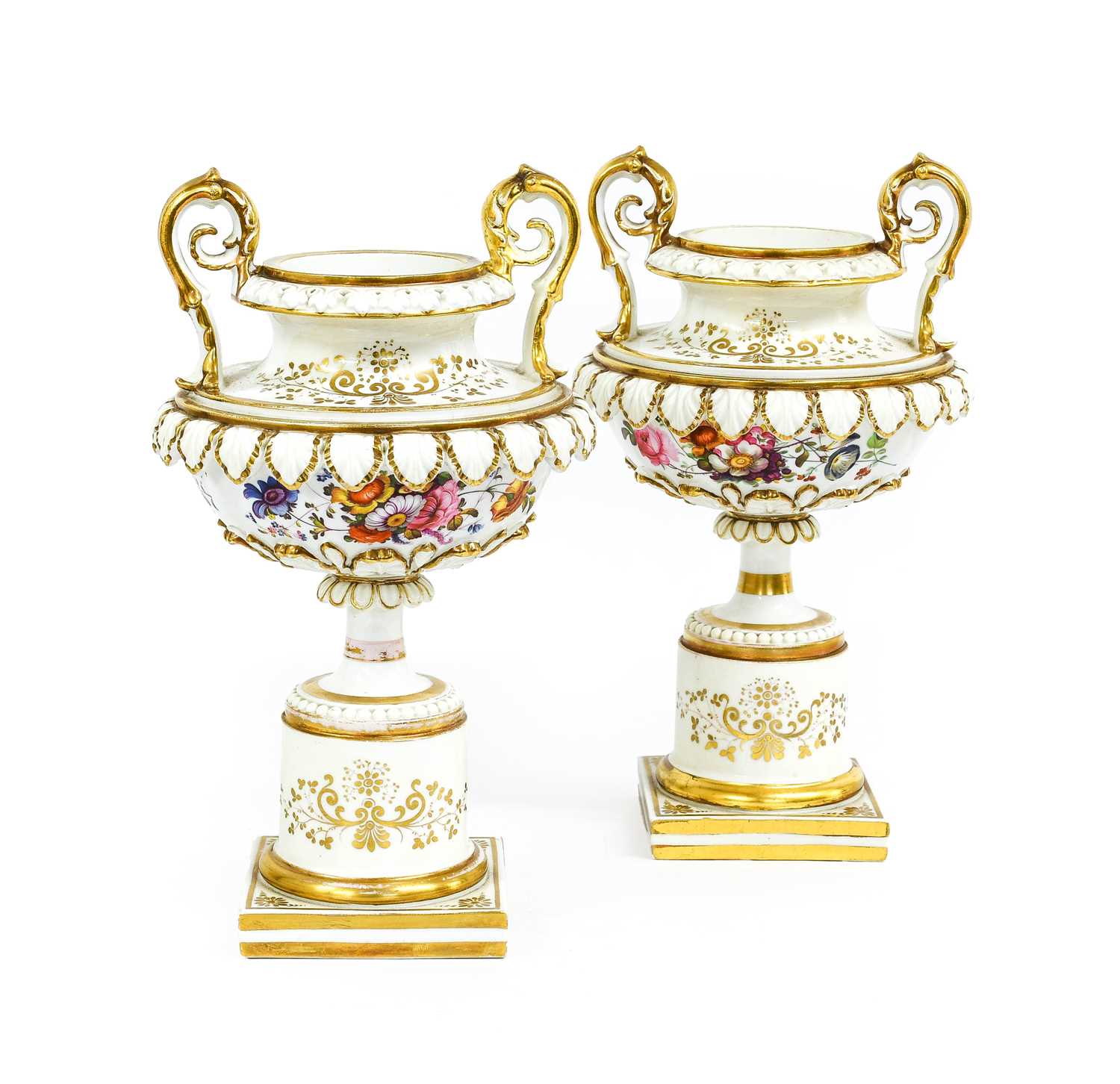 A Pair of English Porcelain Vases, circa 1830, possibly Ridgeway, of twin handled pedestal form,