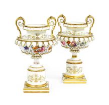 A Pair of English Porcelain Vases, circa 1830, possibly Ridgeway, of twin handled pedestal form,