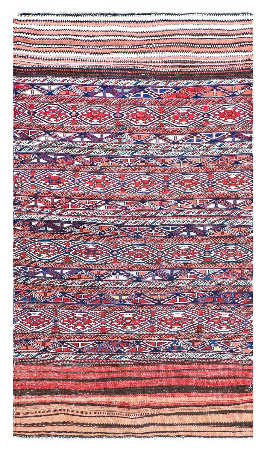 ~ Kurdish Flat Woven Rug North West Iran, circa 1930 The field comprised of polychrome bands of - Image 3 of 4
