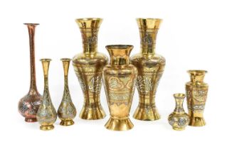 A Pair of Cairoware Baluster Vases, late 19th/20th century, with trumpet necks, inlaid in copper and