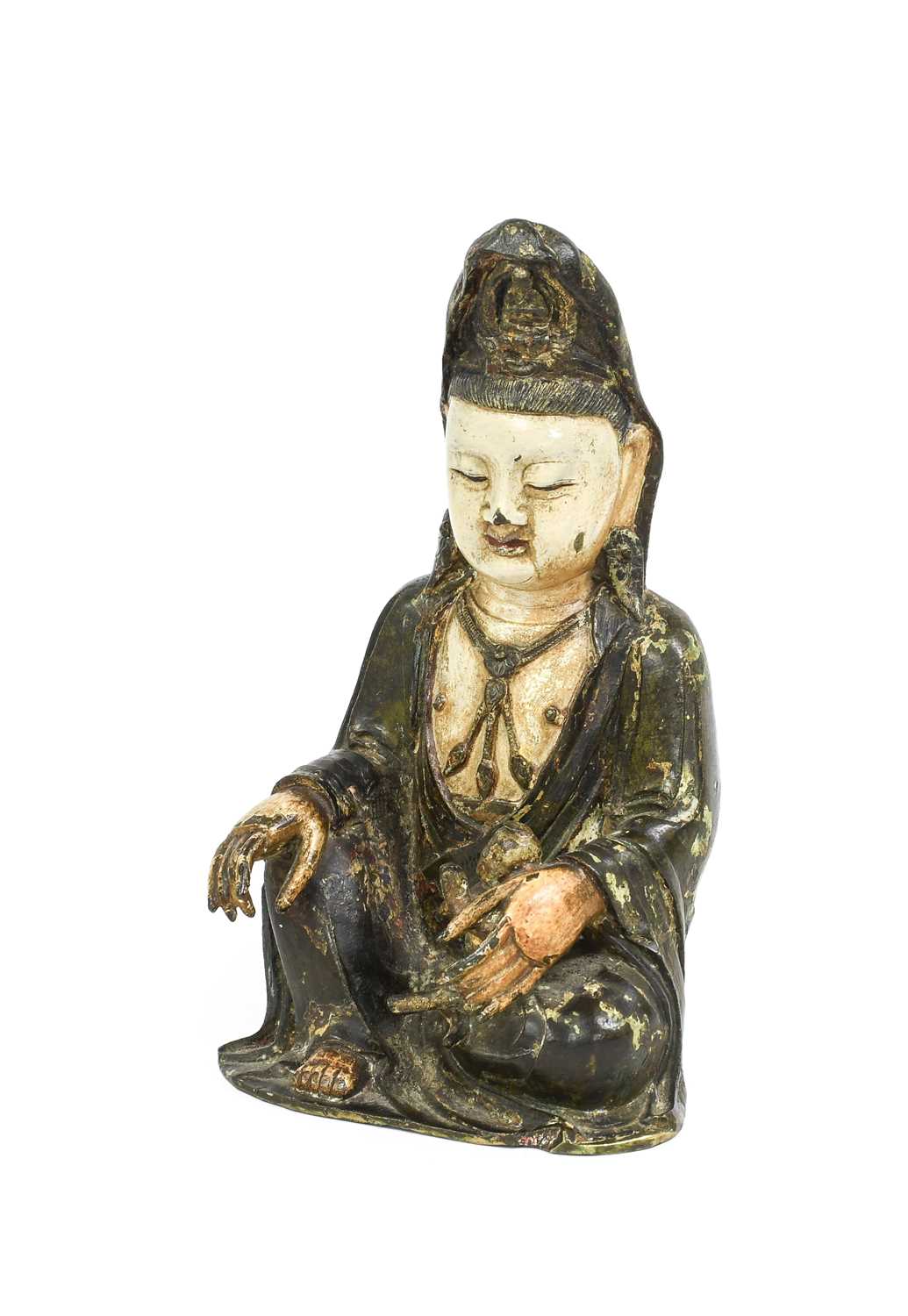 A Chinese Painted Bronze Figure of Guanyin, in Ming style, sitting in Dhyanasana wearing long