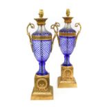 A Pair of French Gilt-Bronze-Mounted Blue-Overlay Clear Glass, in Louis XVI style, of urn form