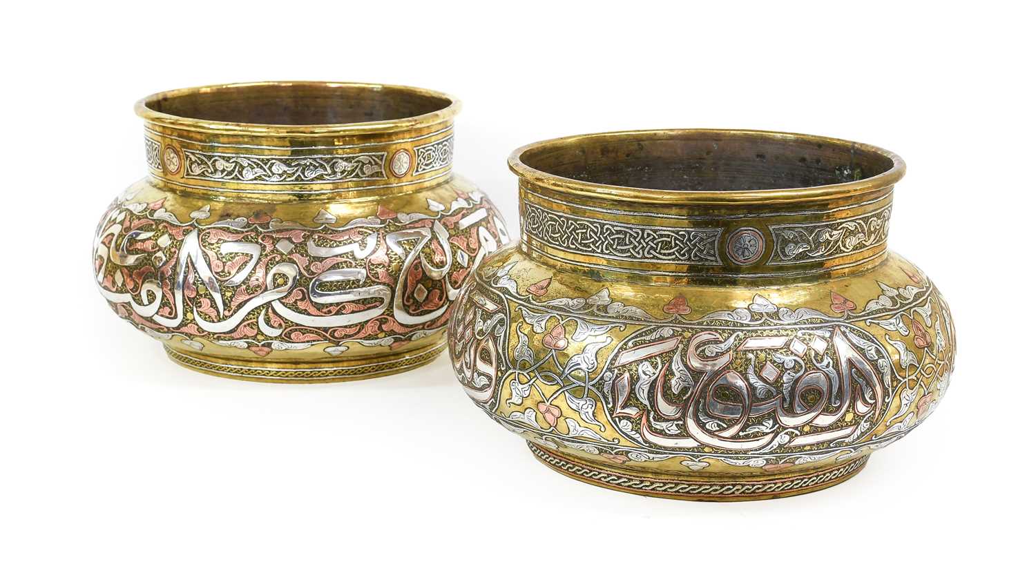 A Pair of Cairoware Bowls, late 19th/20th century, of compressed oval form with cylindrical neck,