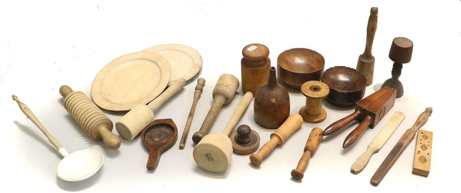 A Quantity of Assorted Kitchenalia, 19th century, wooden items comprising: 2 gingerbread moulds