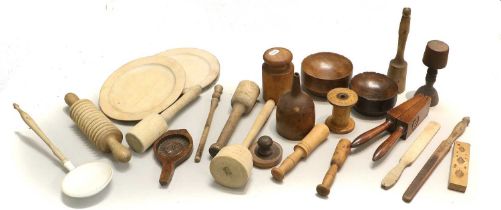 A Quantity of Assorted Kitchenalia, 19th century, wooden items comprising: 2 gingerbread moulds