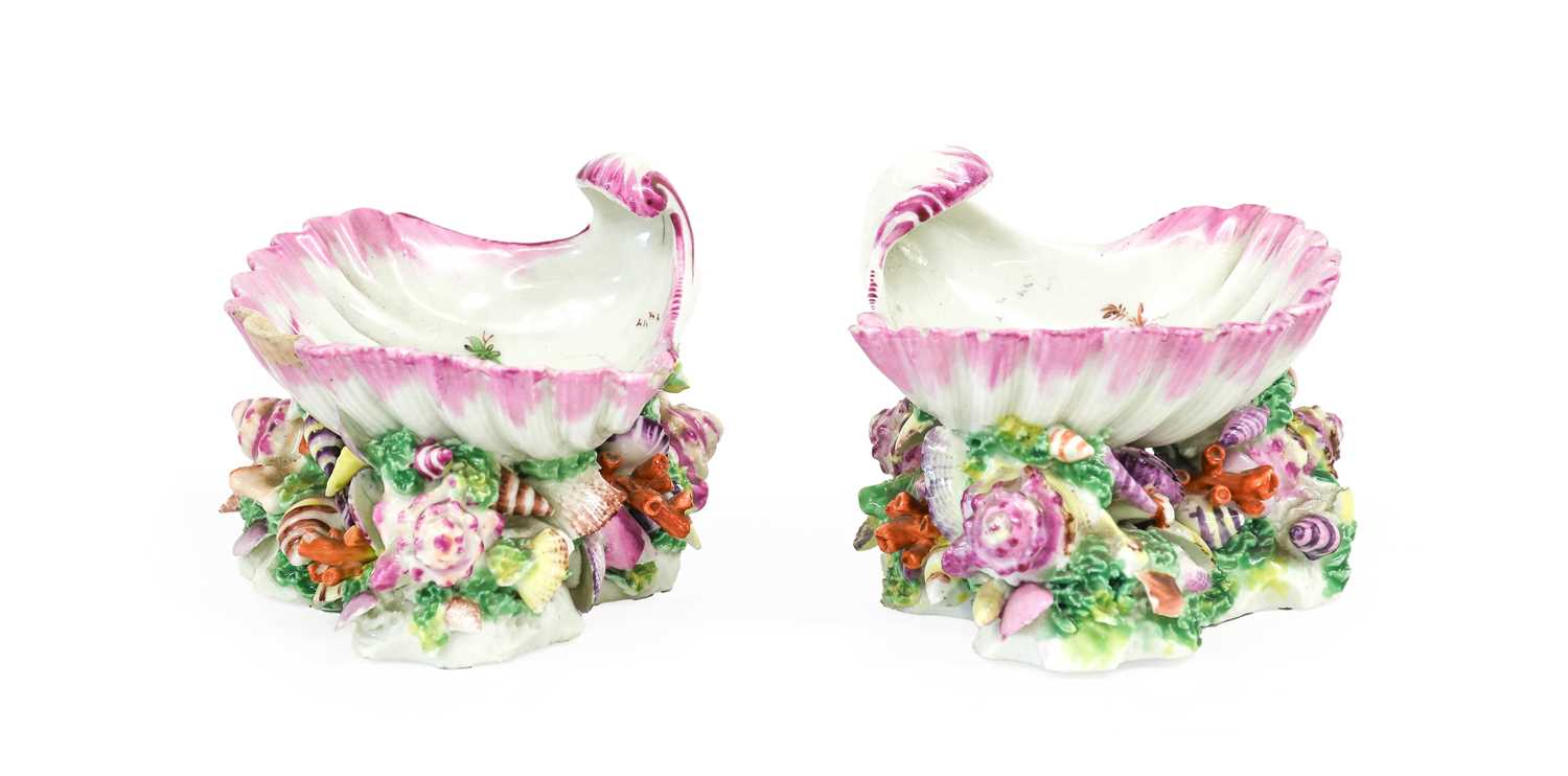 A Pair of Worcester Porcelain Shell Salts, circa 1768, painted with exotic birds in landscape within