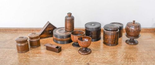 Assorted Treen Vessels, 19th century, comprising: a pedestal bowl and cover with button knop and