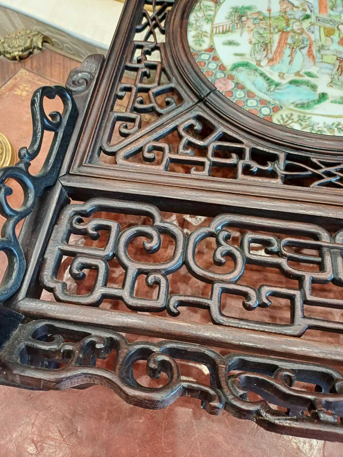 A Chinese Porcelain-Mounted Hardwood Table Screen, 19th century, the circular plaque painted in - Image 15 of 16