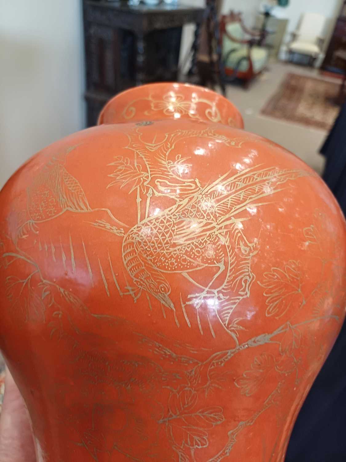 A Chinese Porcelain Baluster Jar and Cover, in Kangxi style, gilt with exotic birds amongst - Image 2 of 11