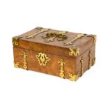 A Victorian Brass-Bound Walnut Work Box, of rectangular form with loop handle and strapwork hinges