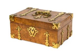 A Victorian Brass-Bound Walnut Work Box, of rectangular form with loop handle and strapwork hinges