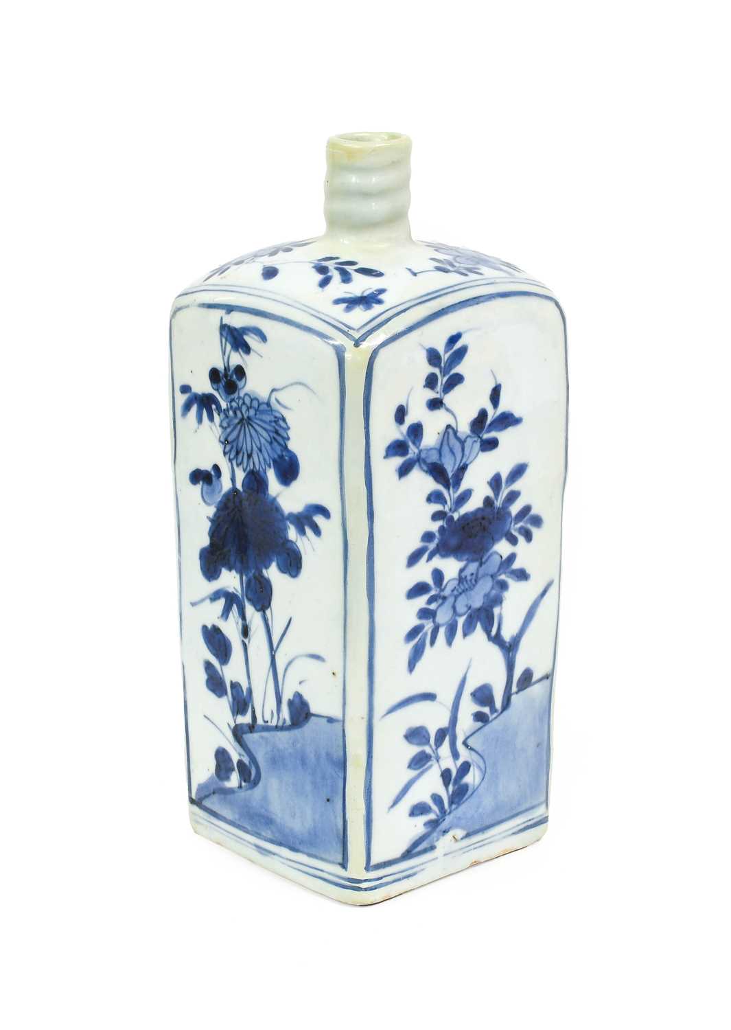 A Japanese Porcelain Flask, Edo perio, of square section, with ribbed neck, painted in underglaze