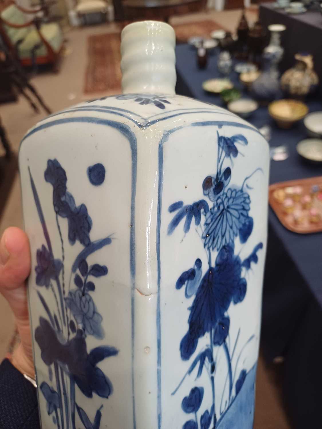 A Japanese Porcelain Flask, Edo perio, of square section, with ribbed neck, painted in underglaze - Image 8 of 11