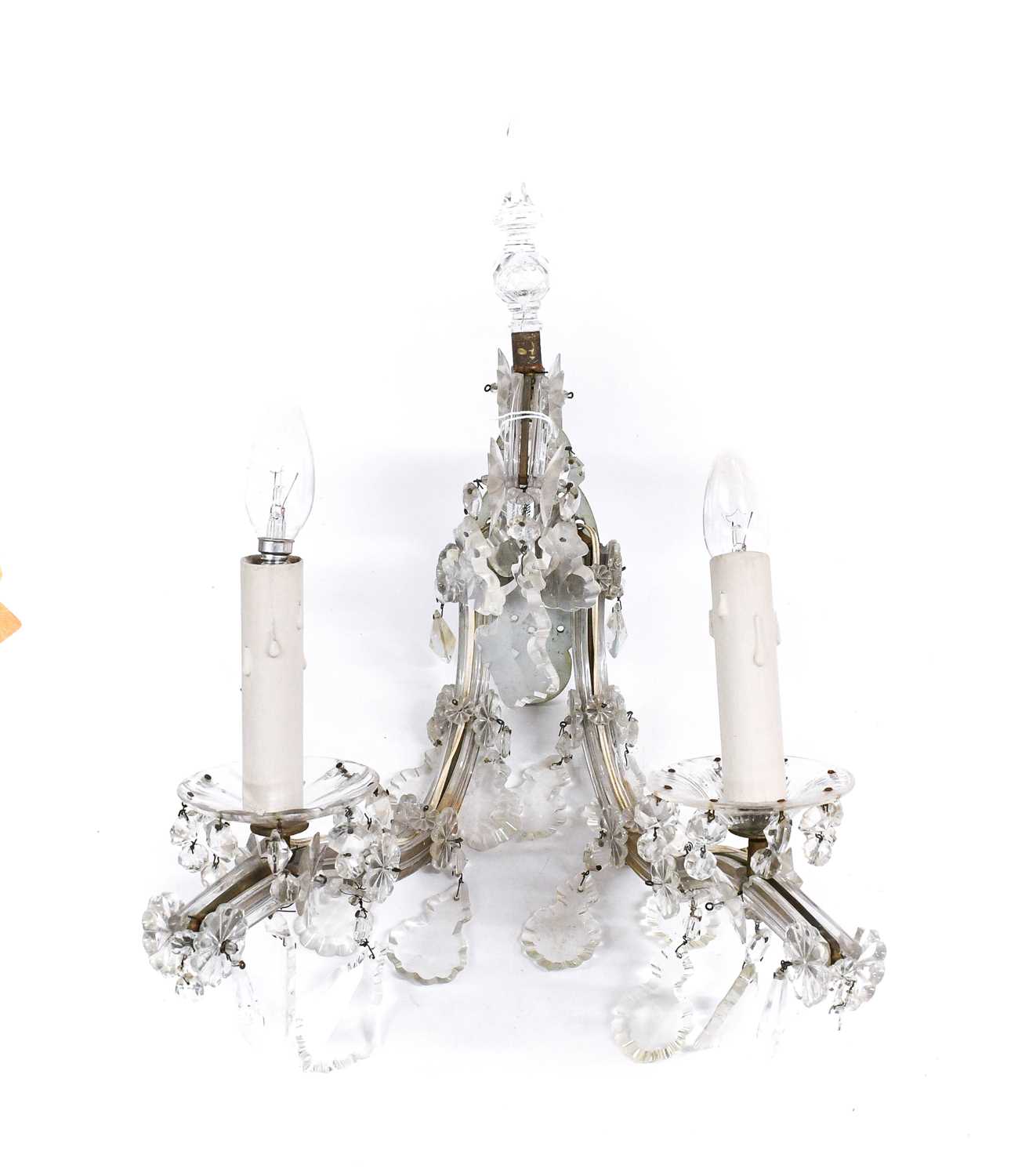 A Pair of Cut Glass Twin-Light Wall Sconces, late 19th century, with mineret finials and scroll - Bild 2 aus 3