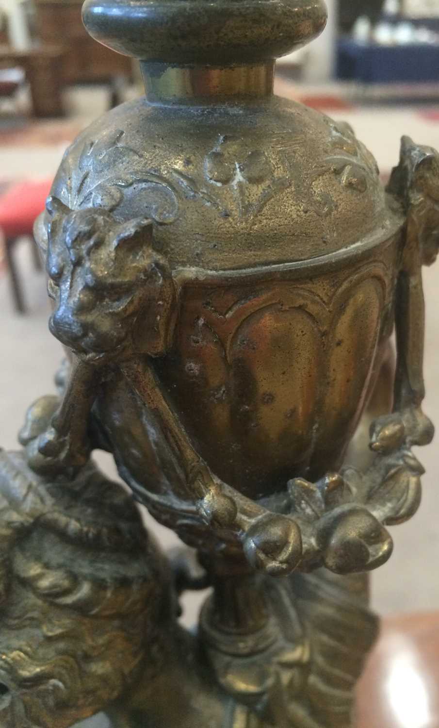 A Bronze Figural Oil Lamp. circa 1900, the cut glass reservoir supported by a maiden carrying a - Image 2 of 12