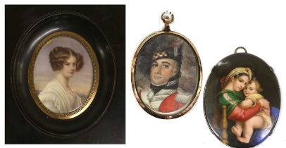 English School (19th century): Miniature Portrait of a Lady, bust length, her hair up, wearing a red