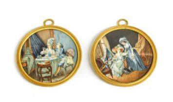 A Pair of 19th Century French Miniature Portrait Groups, depicting fashionable 18th century figures,