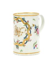 A Worcester Porcelain Mug, circa 1780, of cylindrical form, with gilt monogram JMW within a