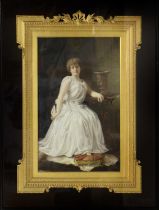 A Victorian Overprinted Print on Opaque White Glass, depicting a lady in flowing white dress sitting