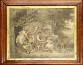 A Regency Silk and Hair Picture, worked in colours with a family, chickens and donkeys outside a