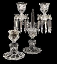 A Baccarat Glass Twin-Light Candelabrum, modern, with obelisk finial flanked by two branches, the