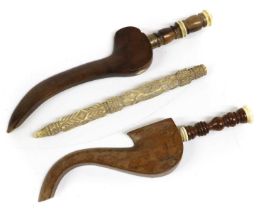 A 19th Century Fruitwood Goose-Wing Knitting Sheath, inset with a brass plaque inscribed M Jordan