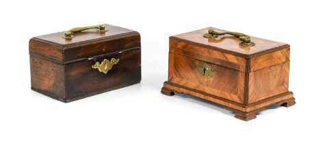 A George II Walnut and Herringbone-Banded Tea Caddy, of rectangular form, the hinged cover with