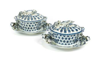 Two Worcester Porcelain Chestnut Baskets, Covers and Stands, circa 1775, of quatrefoil form, with